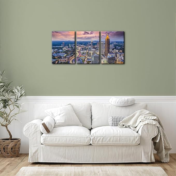 Pacimo Atlanta Cityscape Wall Art Painting Georgia City Skyline Pictures Print on Canvas for Home Decoration Downtown Skyscrapers Painting Stretched and Framed Ready to Hang - 12"x16"x3 Panels