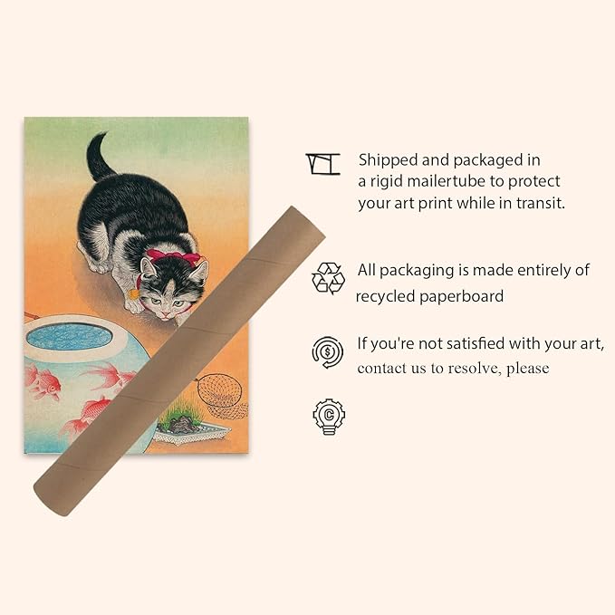OZCONO Japanese Cat and Goldfish Art Print, Gallery Quality Giclée, UV-Resistant Inks, Vintage Asian Wall Decor (40L x 27W)