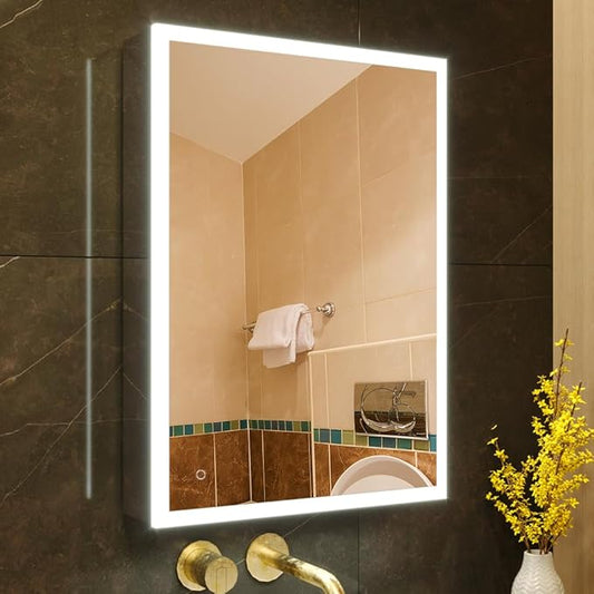 KWW LED Lighted Bathroom Medicine Cabinet with Sockets & USBs, Dimmable, 3 Color Light Makeup Mirror, Easy to Install, Wall Mounted Cabinet (Left Hinge, 19.5 * 28)