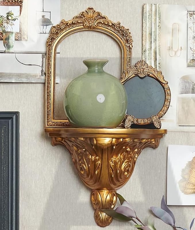 11” x 9.5” Small Gold Vintage Wall Mirror, Antique Gold Resin Baroque, Decorative Hanging & Tabletop