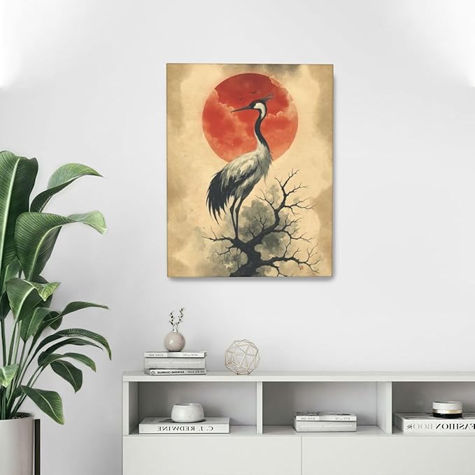 Japanese Crane Wall Art Oriental Asian Wall Decor Sandhill Crane Canvas Pictures Paintings Prints Japan Traditional Aesthetic Artwork Framed Chinese Decorations For Bedroom Living Room Office Gifts 16" x 20"