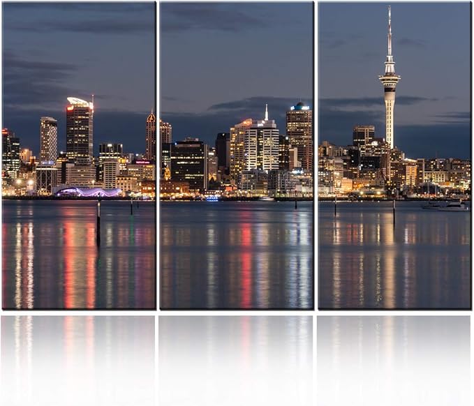 Modern Wall Art New Zealand Skyline Poster Auckland CBD at Night Picture Canvas Prints for Home Office Bedroom Decor City Cityscape Painting Stretched and Framed Ready to Hang 40‘’x20‘’x3 panels
