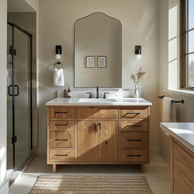 ANDY STAR Scalloped Arched Mirror, 22x35 Matte Black Irregular Wall Mirror for Bathroom Vanity with Metal Frame for Living Room, Entryway, Fireplace, Mantel, with Stainless Steel Frame