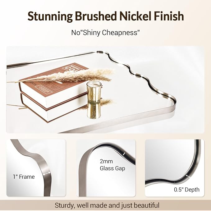 ANDY STAR Brushed Nickel Scalloped Rectangle Mirror, 24x36 Wavy Bathroom Mirror for Vanity, Asymmetrical Shaped for Entryway, Bedroom, Decor, Anti-Rust Stainless Steel Frame