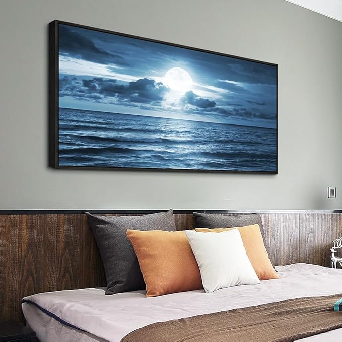 Black Framed Wall Art For Living Room Decorations Photo Prints - Blue Sea View The Moon Landscape - Modern Home Decor The Room Stretched And Framed Ready To Hang Artwork (Blue Ocean&Moon, 24x 48inch)