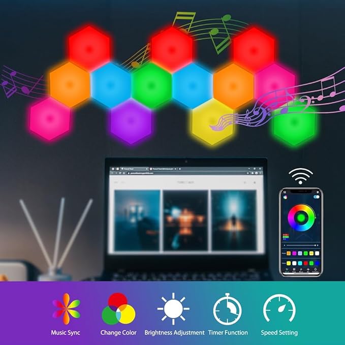 8 Pack Hexagon Light Panels - Smart RGB Hexagon LED Lights Wall Lights with APP & Remote Control Cool Music Sync Gaming Lights for Lving Room, Bedrooms, DIY Lovers, Gifts, Gaming Room, Kids
