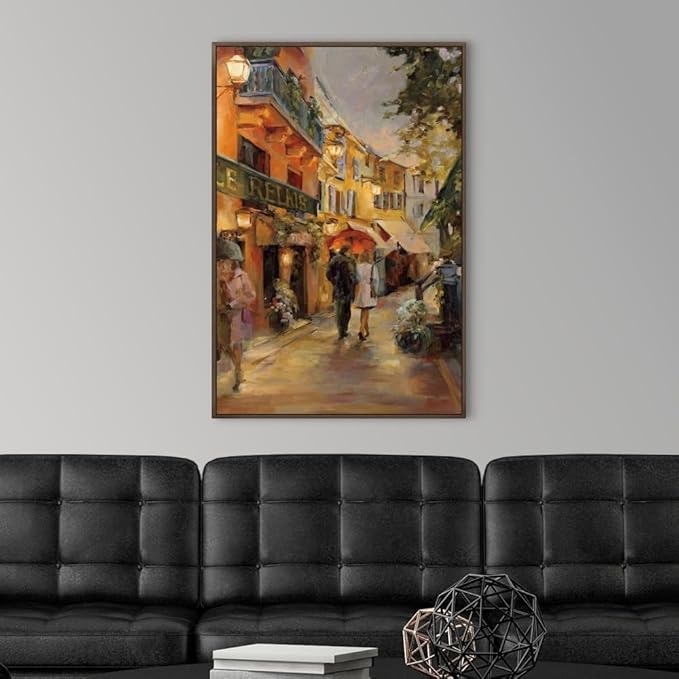 CANVAS ON DEMAND Evening in Paris Walnut Float Framed Canvas Wall Art Print by Marilyn Hageman, Traditional, Home Decor, Street Scene Artwork, Nature Artwork, 24" x36in