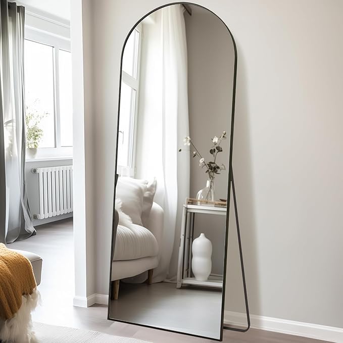 Arched Full Length Mirror, 65"x21" Gold Mirror with Stand, Full Body Mirrors for Leaning Against or Wall Mounted, Large Floor Mirrors for Bedroom, Living Room, Black