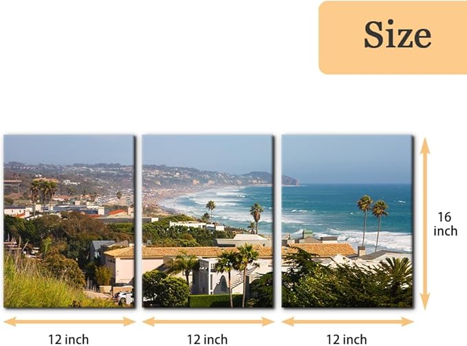 Pacimo Canvas Wall Art for Living Room - Malibu Cityscape Pictures Painting Prints California City Skyline Modern Artwork for Home Office Wall Decor Stretch Framed Ready to Hang - 12"x16"x3 Panels