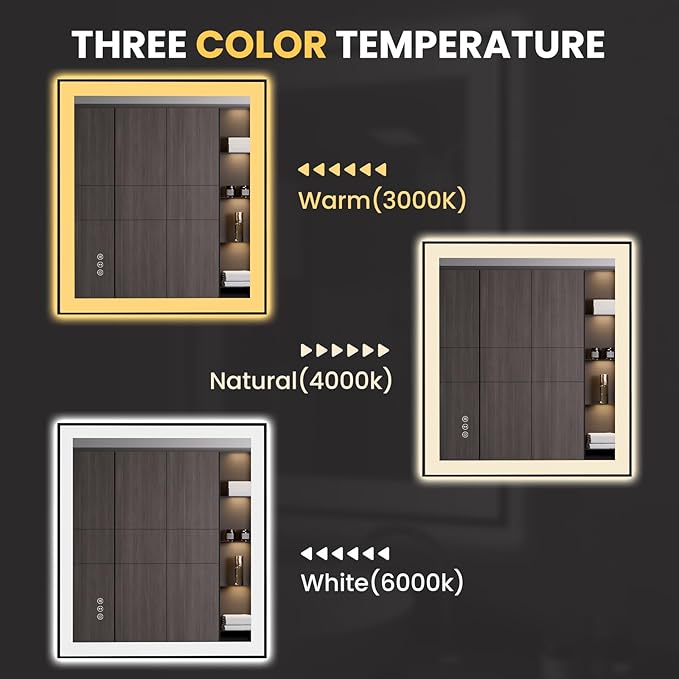 LOAAO 32"X36" LED Bathroom Mirror Black Framed, Anti-Fog, Dimmable, Lighted Bathroom Vanity Mirror for Wall, Memory Function, Tempered Glass