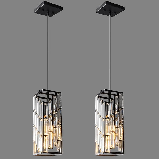 Black Pendant Lighting Modern Pendant Light, Mini Crystal Chandeliers,Adjustable Pendant Light Fixture for Kitchen Island Dinning Room Bedroom (2 Pack)