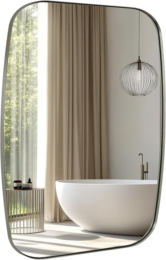 ANDY STAR Brushed Nickel Bathroom Mirror, 30x36’’ Oblong Mirror with Stainless Steel Metal Frame, Silver Oval Vanity Mirror for Over Sink, Modern Anti Rust Wall Mounted