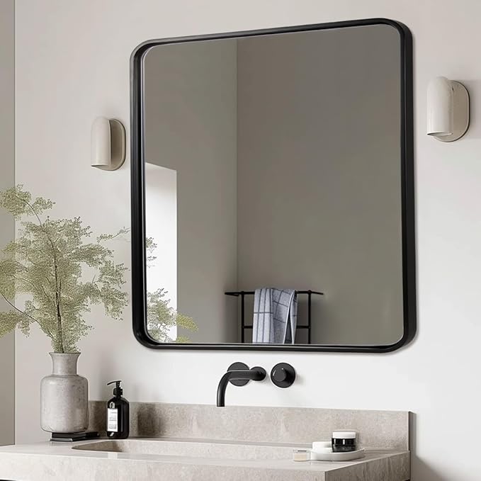 ANDY STAR 40X36 Inch Black Bathroom Mirror, Black Bathroom Vanity Mirrors for Wall, Rounded Rectangle Mirror for Bathroom, Seamless Tube Metal Frame, 1’’ Deep Wall Mounted Vertical/Horizontal