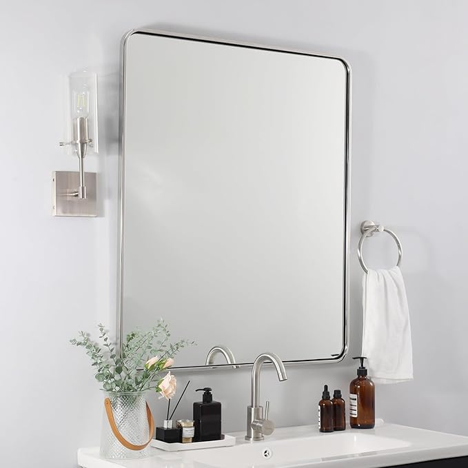 ANDY STAR Chrome Bathroom Mirror, 30x36’’ Rounded Rectangle Mirror Polished Silver Bathroom Vanity Mirror Metal Framed, SUS304-Anti-Rust, Tube Frame, Wall-Mounted Horizontal/Vertical 1’’ Deep