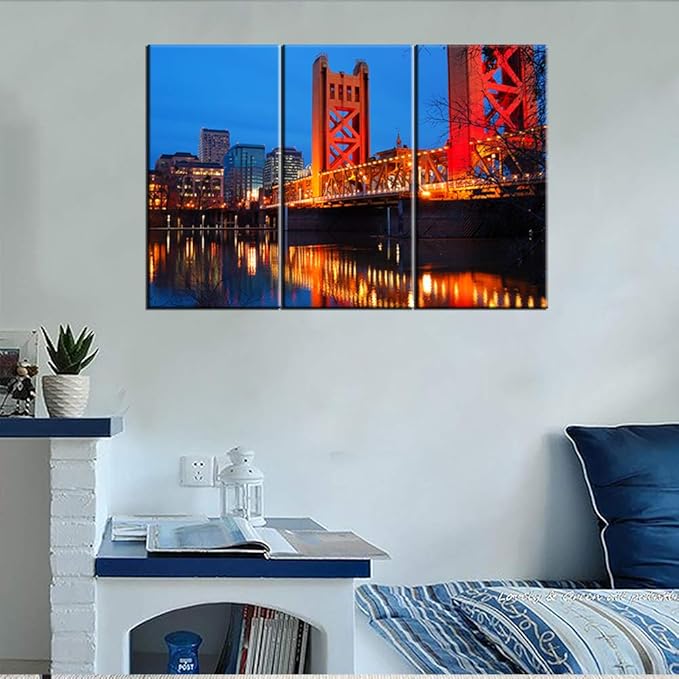 3 Pieces Modern Canvas Painting Wall Art The Picture for Home Decoration The Tower Bridge Crosses the Sacramento River in the heart of Downtown Cityscape Print On Canvas Giclee Artwork for Wall Decor