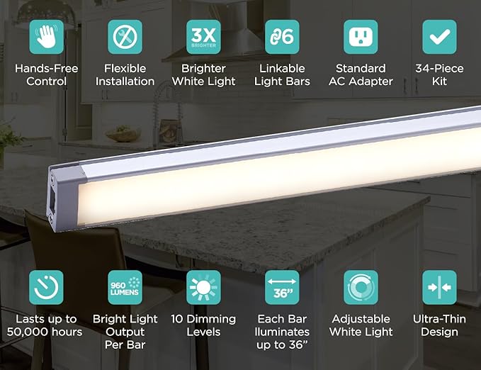 BLACK+DECKER LED Under Cabinet Light Kit, Motion Sensor, Dimmable, Linkable, 3 Color Settings, Tool-Free, for Kitchen, Cabinets and Closets, (3) 9" Bars