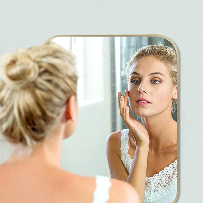 24x36 Inch Gold Bathroom Mirror, Brushed Gold Metal Framed Rectangular Mirror with Rounded Corner, Wall Mounted Vanity Mirror for Bedroom or Living Room, Horizontal/Vertical