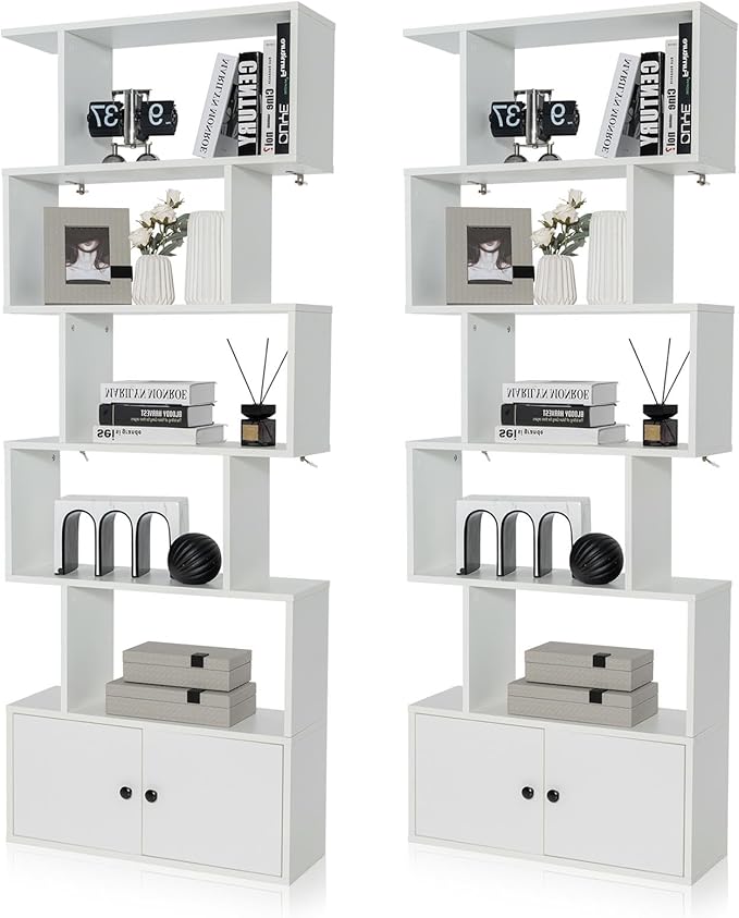 6-Tier Geometric Bookcase Set of 2, 72” Freestanding Room Divider Bookshelf with Open Display Shelves & Storage Cabinet, Wood S-Shaped Storage Organizer for Living Room, Bedroom & Home Office