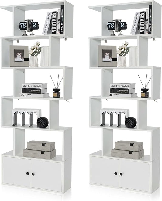 6-Tier Geometric Bookcase Set of 2, 72” Freestanding Room Divider Bookshelf with Open Display Shelves & Storage Cabinet, Wood S-Shaped Storage Organizer for Living Room, Bedroom & Home Office