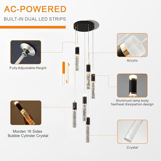 6-Lights Led Chandelier, Black and Gold Crystal Modern Led Chandelier for Dining Room, Luxury Dimmable Enterway Led Pendant Lights Fixture with Remote Control Flush Mount