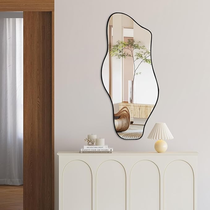 Large Irregular Wall Mirror, 47.2"x21", Black Asymmetrical Modern Oblong Wavy Cloud Mirror for Living Room, Bathroom, Entryway, Dining Room