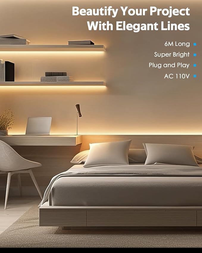 20FT COB LED Strip Light 3000K Warm White AC110V-120V LED Rope Lights Outdoor Waterproof IP65 High Density 288LEDs/M Flexible LED Light Strip with Switch for Garden Bedroom Indoor 6M