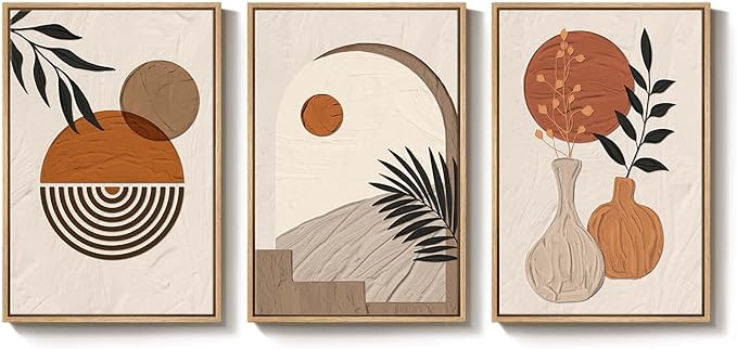 Large Boho Framed Wall Art for Living Room, Set of 3 Piece Neutral and Orange Canvas Paintings Artwork for Walls, Bohemian Wall Hanging Art Prints Picture for Office Wall Decor Big Size Total 30x60 In