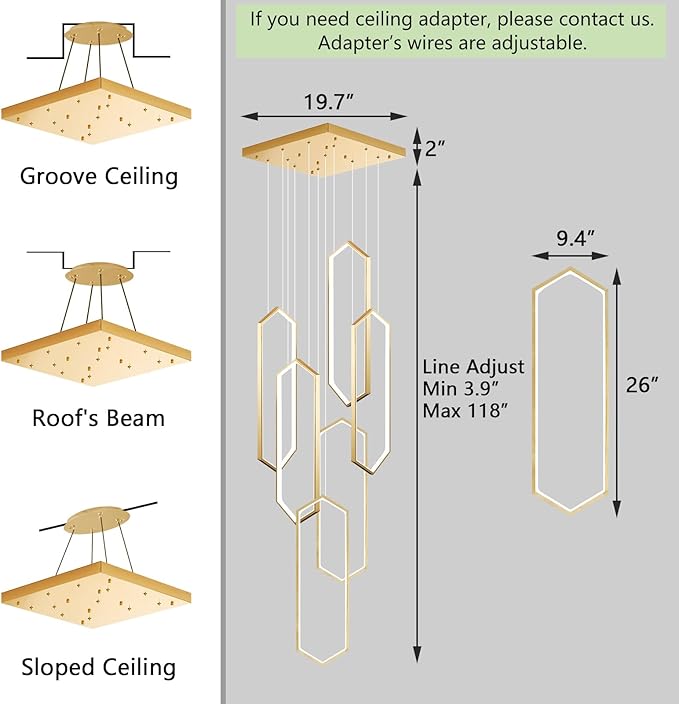 6-Rings Chandelier Modern, Gold Contemporary LED Light for Living Room Entrance, Dimmable Flush Mount High Ceiling Chandeliers with Remote Control for Villa Foyer