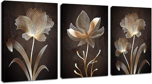 Abstract Wall Art Brown Flowers Canvas Pictures Contemporary Minimalism Abstract Flower Artwork for Bedroom Bathroom Living Room Wall Decor 12" x 16" x 3 Pieces