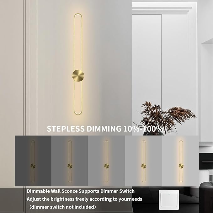 Modern Wall Sconce Dimmable 3000K/4000K/6000K LED Wall Light Fixture, Hardwired Wall Lamp for Living Room, Dining Room, Bedroom, Hallway, Lobby, Entryway (Brushed Gold, 35.4inch/H90cm)