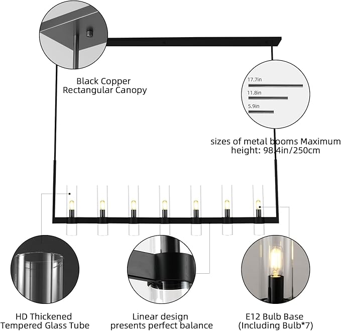 Modern Black Linear Chandelier 59 in,Linear Chandeliers for Dining Room 7 Light, Adjustable Rod Glass Linear Chandelier Over Dining Table, Kitchen Island, Includes Bulbs
