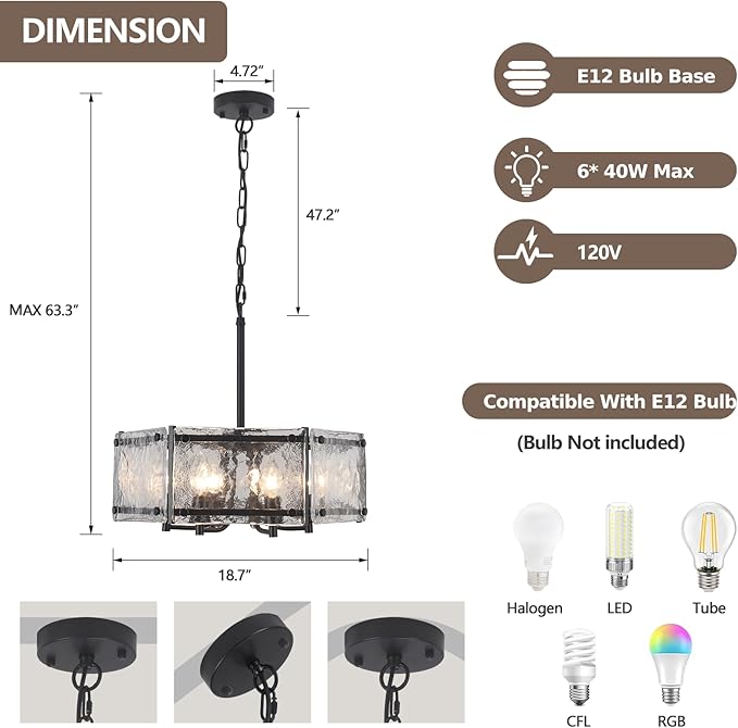 6-Light Black Glass Chandelier, 18.7" Modern Textured Glass Drum Chandelier for Dining Room, Farmhouse Round Hanging Light Fixture for Dining Room Kitchen Island Living Room Hallway Bedroom