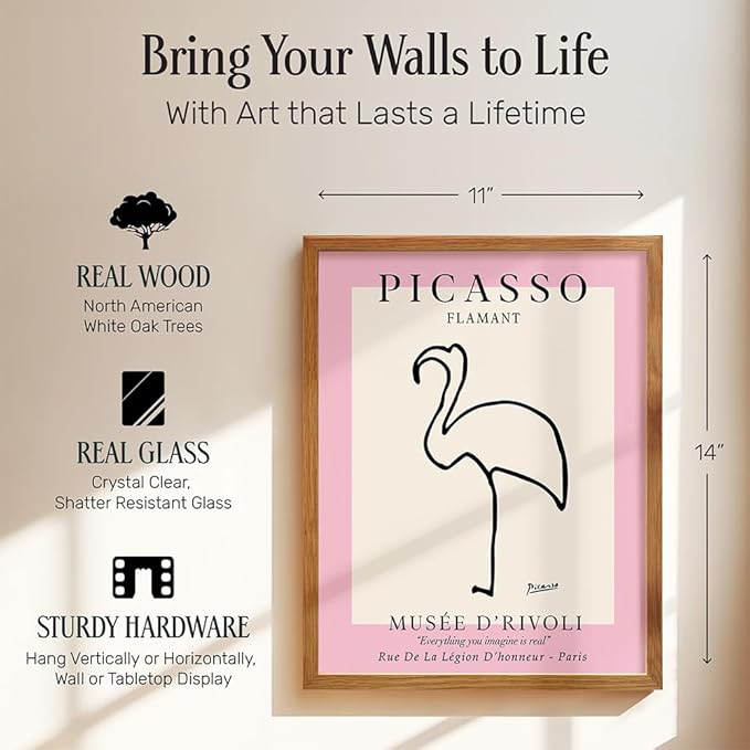 Mid-Century Modern Art 11x14 FRAMED - Minimalist Line Art Wall Decor for Modern Home - Abstract Gallery Wall Print, Tropical Beach House Museum Poster, Contemporary Aesthetic Room Decor, Pink Flamingo