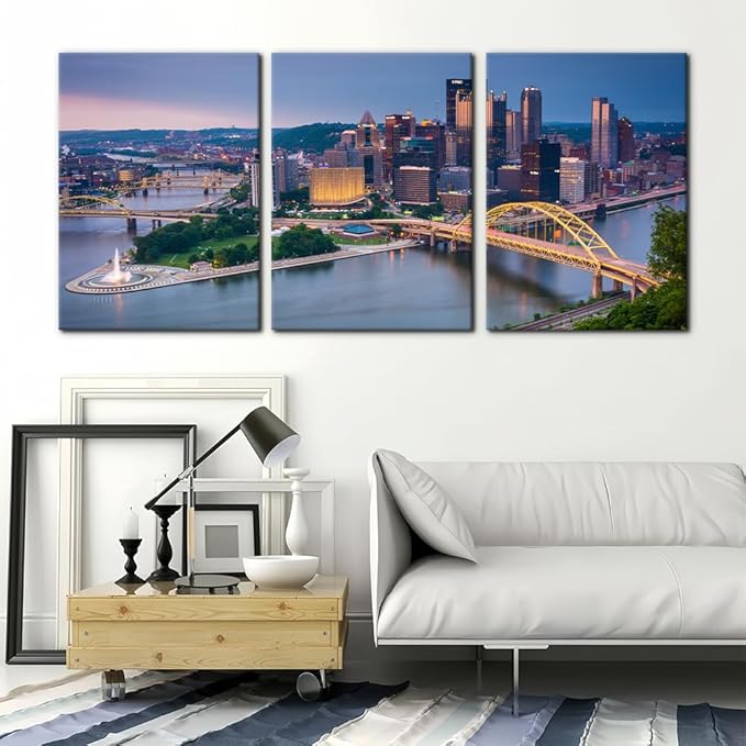 Pacimo Canvas Wall Decor for Living Room Bedroom Office Pittsburgh Cityscape Wall Art for Decorations Mount Washington Canvas Wall Prints City Skyline Picture for Home Decor Framed - 20"x28"x3 Panels