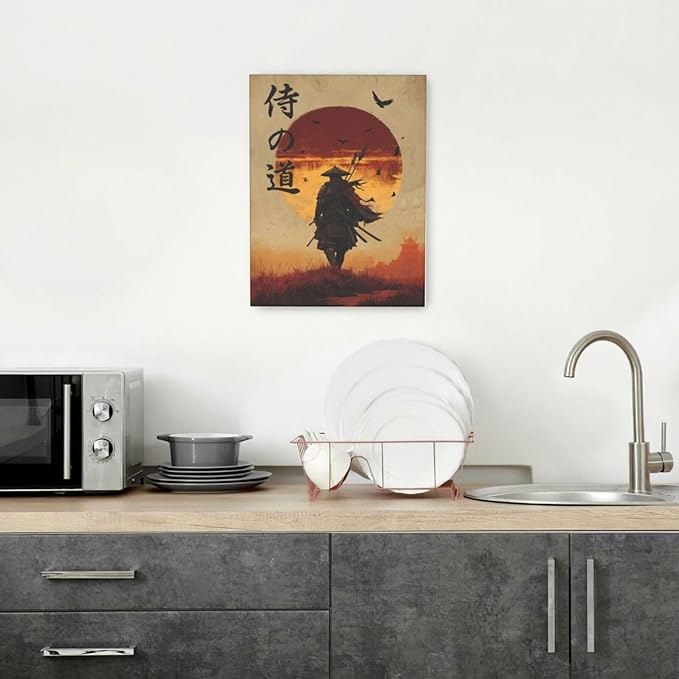 Japanese Samurai Wall Art Oriental Asian Bushido Wall Decor Warrior Figure Canvas Pictures Paintings Prints Japan Traditional Aesthetic Artwork Framed Decorations For Bedroom Living Room Office Gifts 12" x 16"