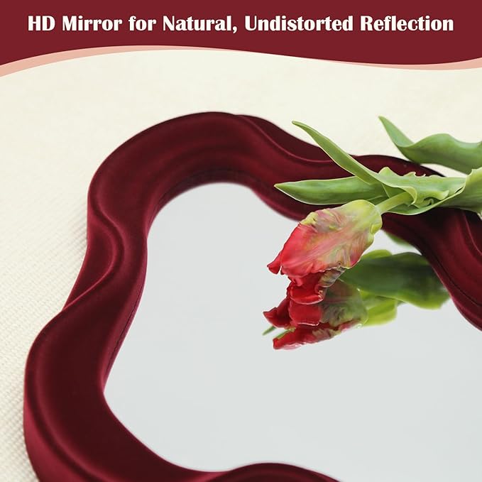 Mirror Wall Decor for Home Office Apartment, Asymmetrical Decorative Mirror for Entryway Porch Fireplace, Irregular Hanging Wall Art Sculpture for Christmas (Wine Red)