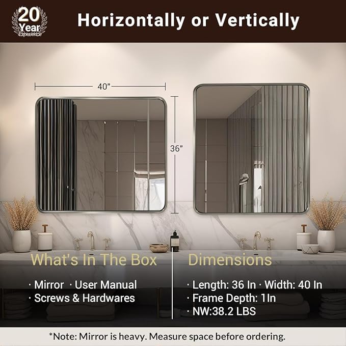 ANDY STAR 40x36 Inch Brushed Nickel Bathroom Mirror, Rounded Rectangle Bathroom Vanity Mirrors for Wall, Anti-Rust SUS304, Seamless Tube Metal Frame, 1’’ Deep Wall Mounted Vertically/Horizontal