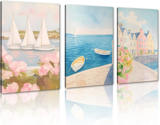 Coastal Lighthouse Canvas Ocean and Pink Roses Seaside Floral Wall Art Beach Landscape Printing Nautical Home Decor Canvas Small Boat Floating Print Framed - 24x36inchx3Pcs