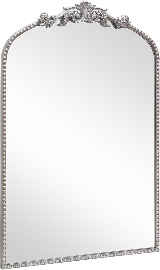 Antique Silver Arch Wall Mirror, 24"x36" Traditional Vintage Mantel Mirror with Ornate Metal Frame, Baroque Victorian Mirror for Fireplace/Entryway/Bathroom/Living Room/Hallway
