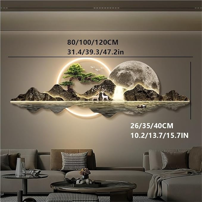 LED 3D Wall Art Decor, Landscape Wall Mural with Welcoming Pine Tree, Traditional Oriental Wall Sculpture with Light, Decorative Wall Art for Living Room(Blue,47.2in)