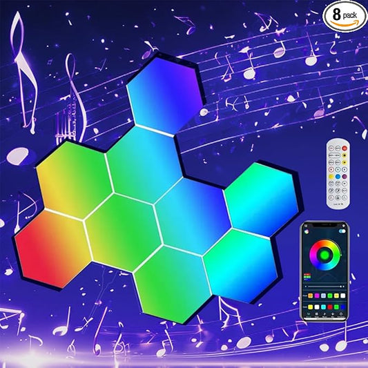 ODISTAR Hexagon Wall Light Panels (8 Pack)- Smart APP RGB Hexagonal LED Modular Lights with Remote Control,Music Sync Features for Gaming Rooms,Living Rooms, Bedrooms, DIY Enthusiasts and Gift Options