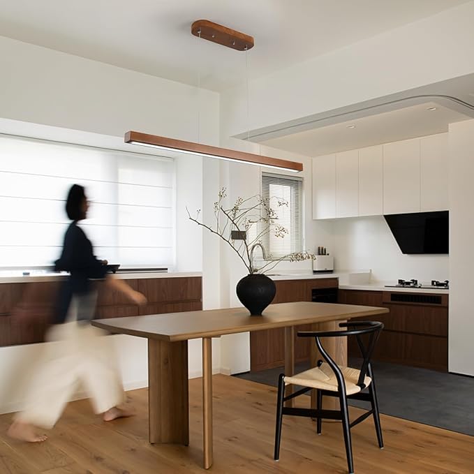 39" Wood Linear Pendant Light Modern LED Dimmable Ceiling Hanging Light Fixture Wood Linear Chandeliers 24w for Dining Room Kitchen Island Pool Table Bar Walnut Color (with Remote Control)