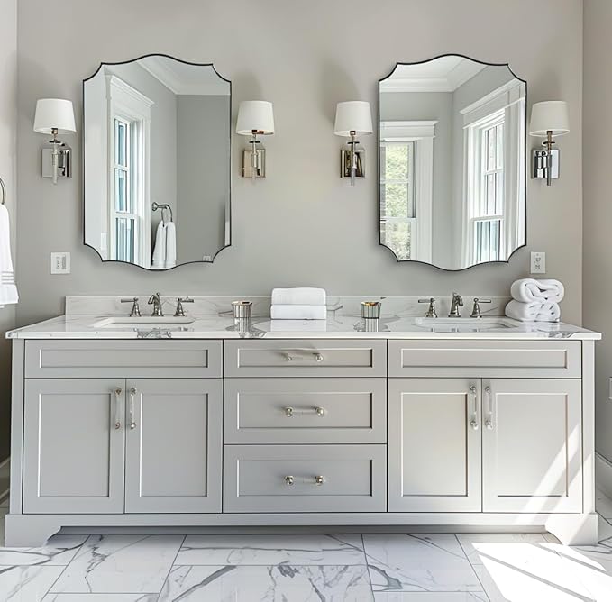 ANDY STAR Brushed Nickel Bathroom Mirror, 24x36’’ Silver Wavy Wall Mirror, Modern Bathroom Vanity Mirror HD Reflection, Anti-Rust Metal Frame Mirror for Bathroom Hangs Vertical or Horizontal