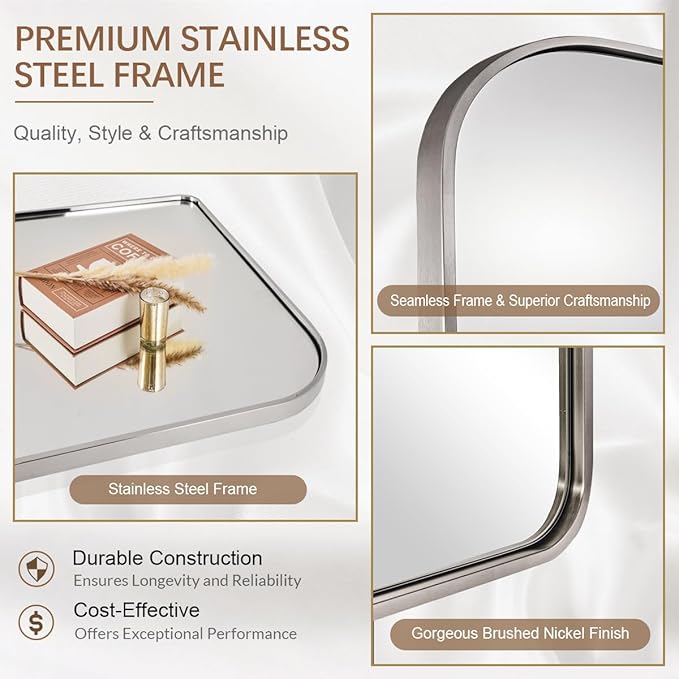 ANDY STAR Brushed Nickel Arched Mirror, 36x30’’ Modern Mantel Mirror Rounded Corner for Fireplace, Bathroom, Powder Room in 1 inch Anti-Rust SUS304 Tube Metal Frame Wall Mounted