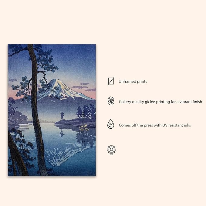 OZCONO Japanese Mountain Lake Art Print, Mount Fuji Landscape, Unframed Gallery Quality Giclée, UV-Resistant Ink (11L x 9W)