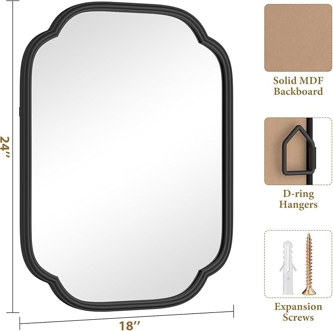 Black Bathroom Mirror for Wall, 18" x 24" Rectangular Wall Mirror for Bathroom Metal Frame Farmhouse Rounded Corner Wall Mirror (Horizontal/Vertical)