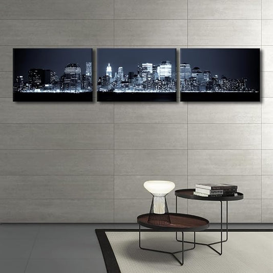 New York Skyline Canvas Wall Art Manhattan Wall Art for Living Room Cityscape at Night Pictures for Bedroom Modern Home Decor Office Bathroom Decorations Artwork Framed Ready to Hang 16x72 Inch