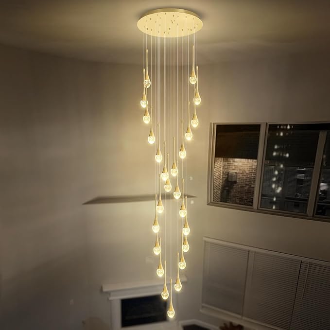Modern Crystal Chandelier 25-Lights Raindrop Chandeliers LED Dimmable High Ceiling Pendant Light Gold Large Chadnelier for Foyer Entrance Living Room