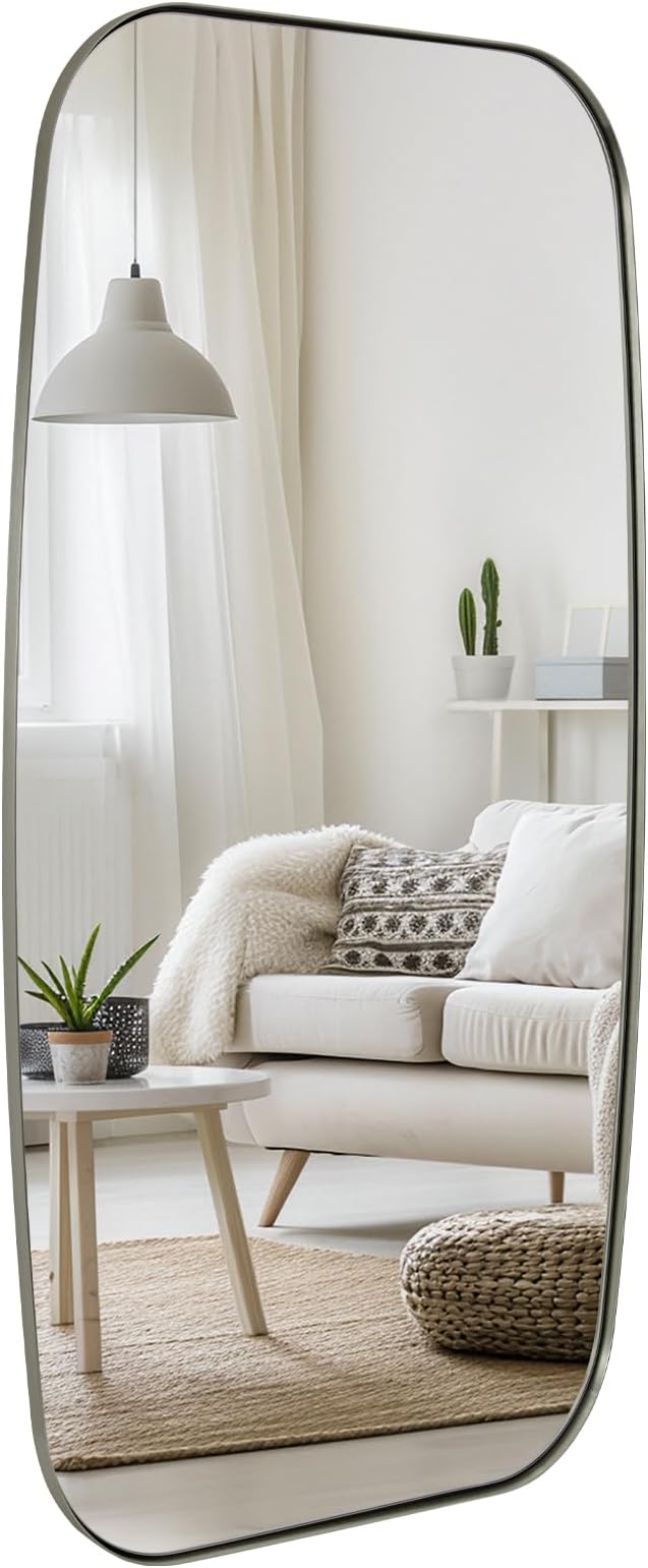 ANDY STAR Brushed Nickel Bathroom Mirror, 24x48 Oblong Mirror with Stainless Steel Metal Frame, Silver Oval Vanity Mirror for Over Sink, Modern Anti Rust Wall Mounted