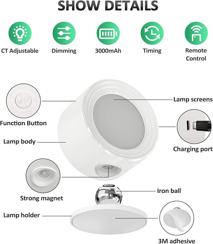 LED Wall Sconces 2 Pcs with Remote, Wall Mounted Lights Rechargeable Battery Operated, 3 Color Temperatures & Dimmable Wall Lamp Magnetic 360° Rotation Light for Bedroom Living Room